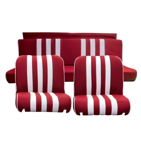 GARNITURES MÉHARI 2 SIÈGES AVANT + BANQUETTE ARR. SKAÏ ROUGE RAYE BLANC