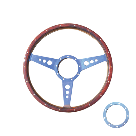 VOLANT BOIS SPORT AVEC IMITATION RIVET A L'ANCIENNE 3 BRANCHE ALUMINIUM